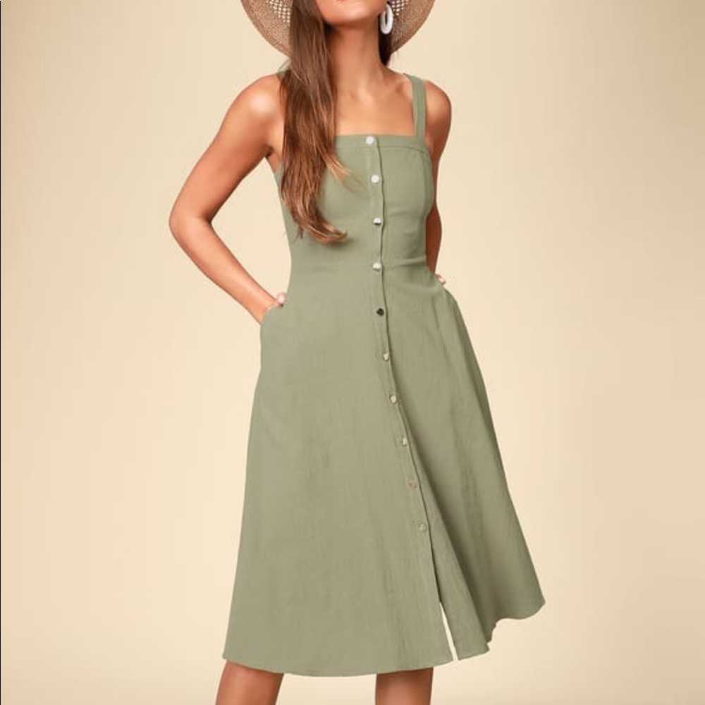 Lulu’s Olive Green Button Front Midi Dress